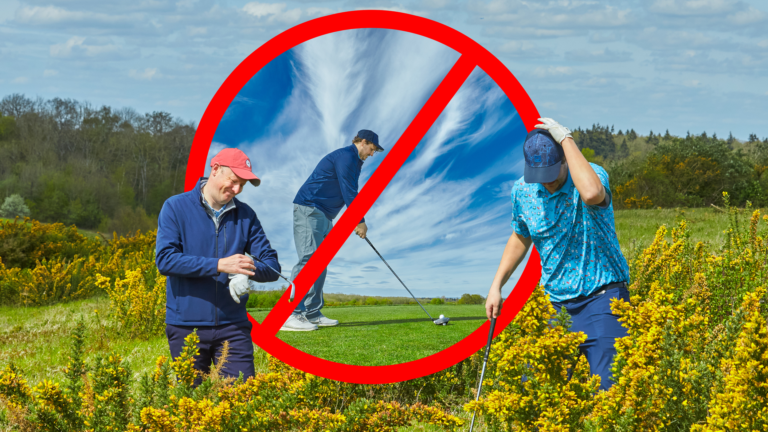 Two golfers searching for a lost ball, with one signalling a slow play issue and one looking despairingly, with an inset of returning to the tee with a red circle to indicate it shouldn't be allowed