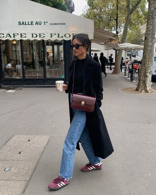 Burgundy trainers and jeans outfit