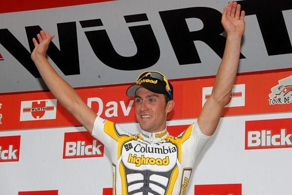 Bernard Eisel (Team Columbia - Highroad) celebrates on the podium after winning stage two.
