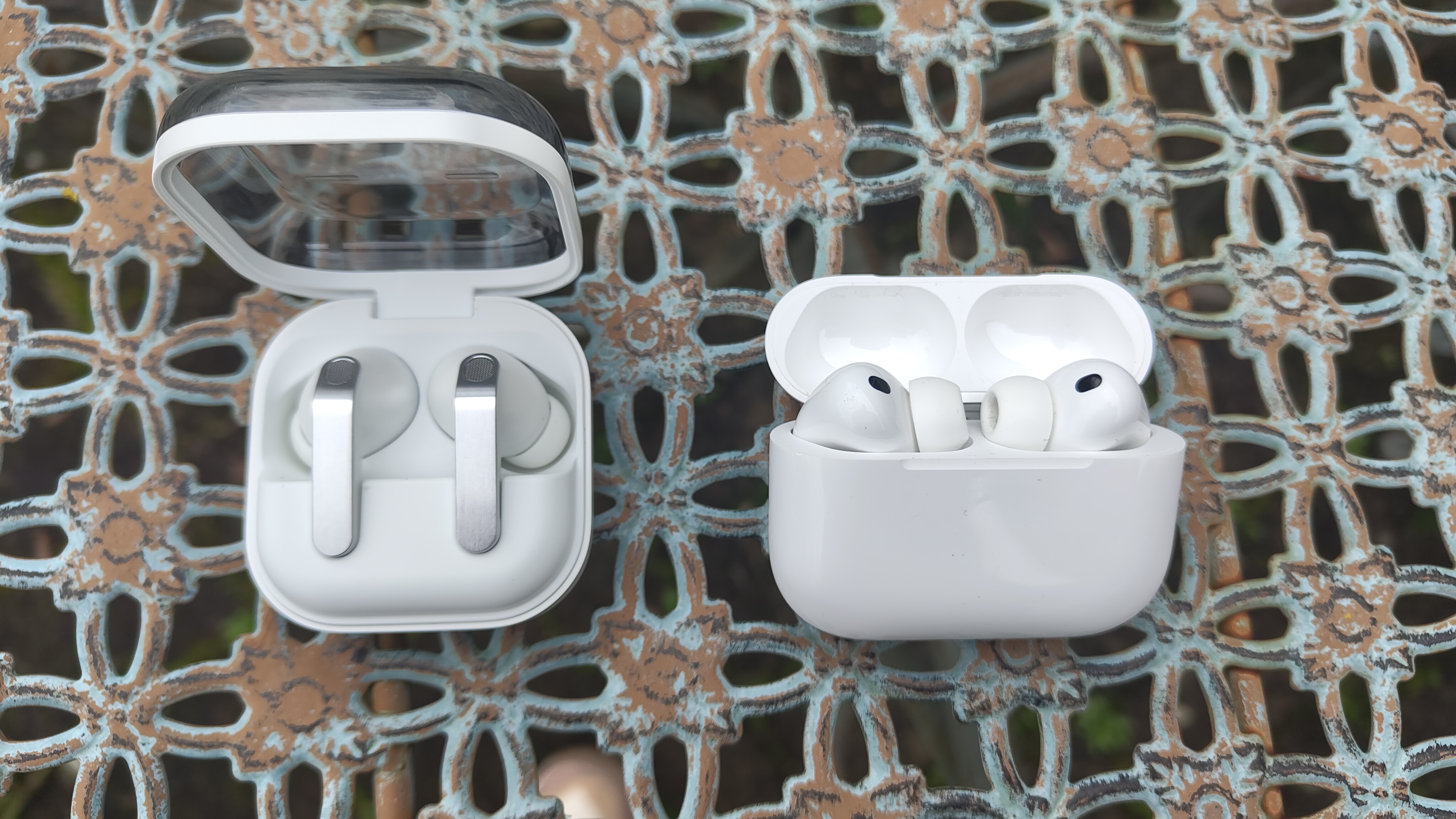 Samsung Galaxy Buds 4 Pro vs Apple AirPods Pro 3 wireless earbuds side-by-side