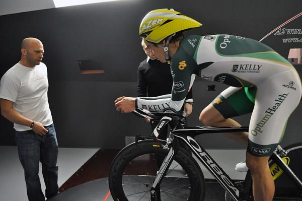 Mike Creed gets feedback on his time trial position from Mike Giraud, left, and Chris Edin.