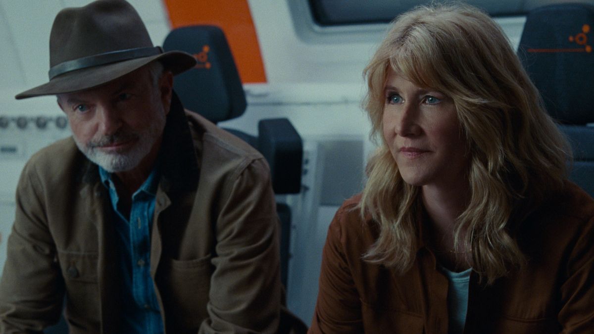 Doctor Alan Grant and Doctor Ellie Sattler share a moment in Jurassic World Dominion