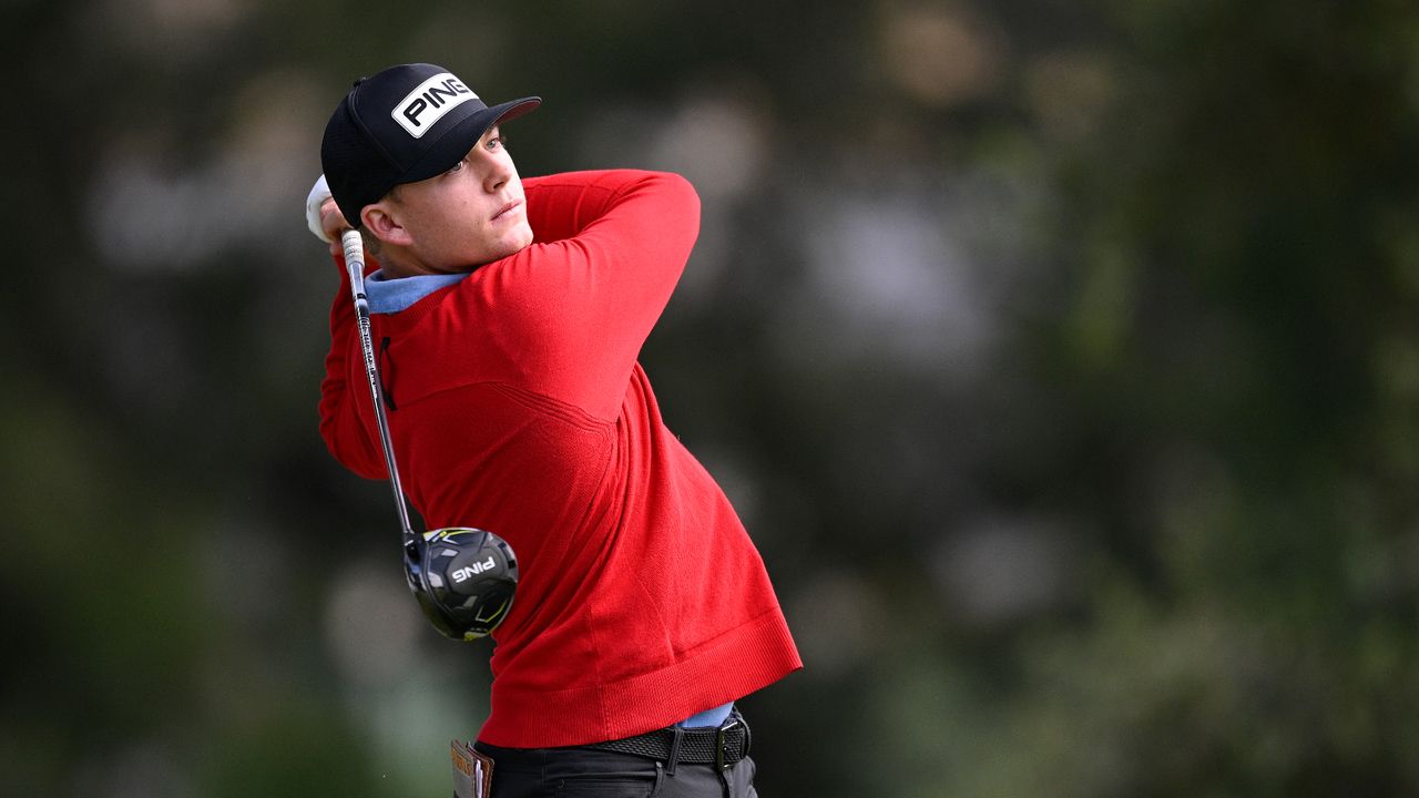 Amateur Preston Summerhays of the United States plays his shot from the 12th tee during the final round of the Fortinet Championship at Silverado Resort and Spa on September 17, 2023 in Napa, California.