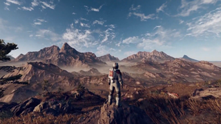 En skärmdump från en Starfield-trailer där en karaktär blickar ut över en stenöken på en utomjordisk planet.