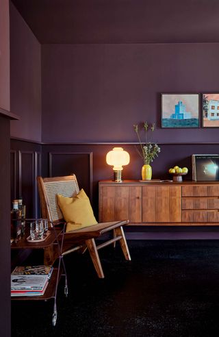 Lindley Lindenberg lounge with mauve walls, drinks trolley and wooden console