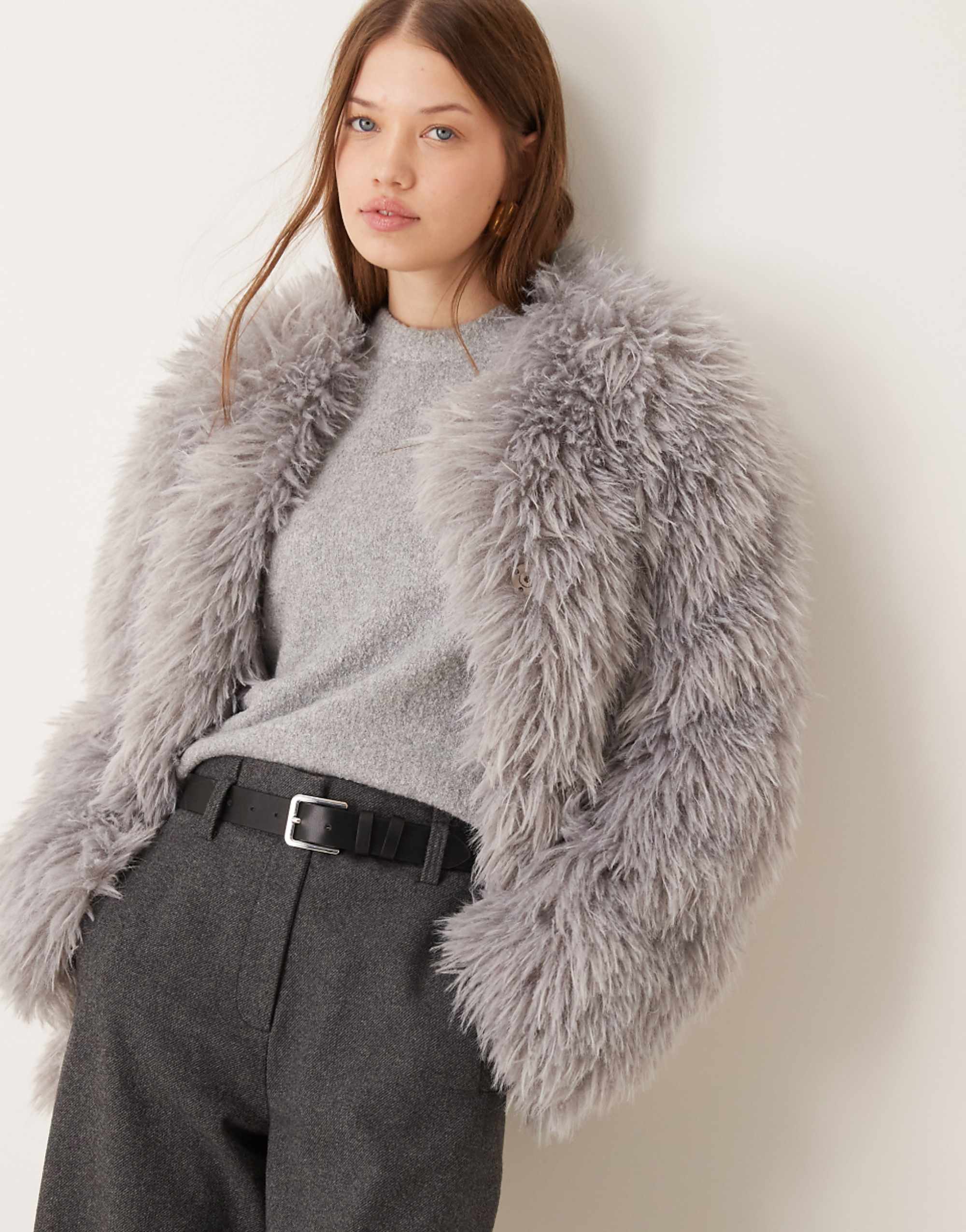 Asos Design Faux Mongolian Fur Jacket in Grey