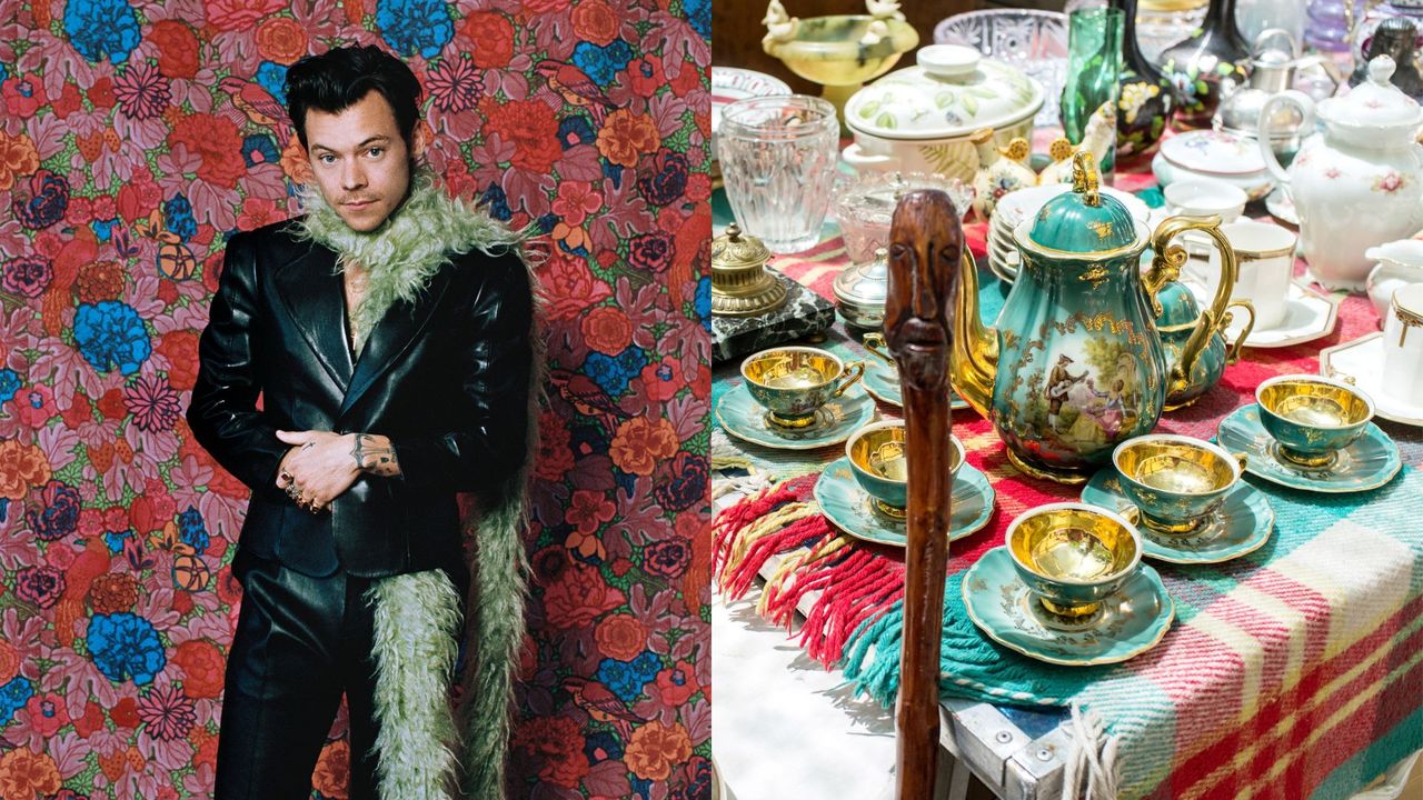 In a split-into-two image, a young man wearing matching black leather jacket and trousers with a green, fluffy scarf poses in front of flowery wallpaper. On the left, the table of a flea market is covered in pottery, glasses and tableware.