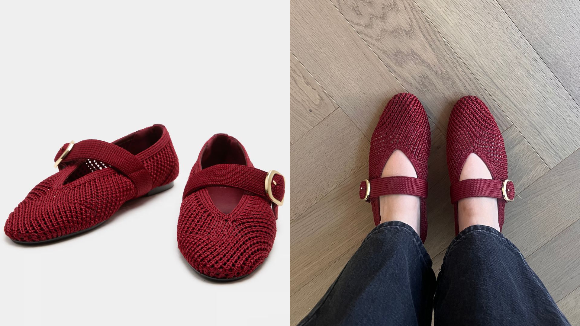 two images of M&amp;S red shoes, one cut out and one on Caroline Parr 