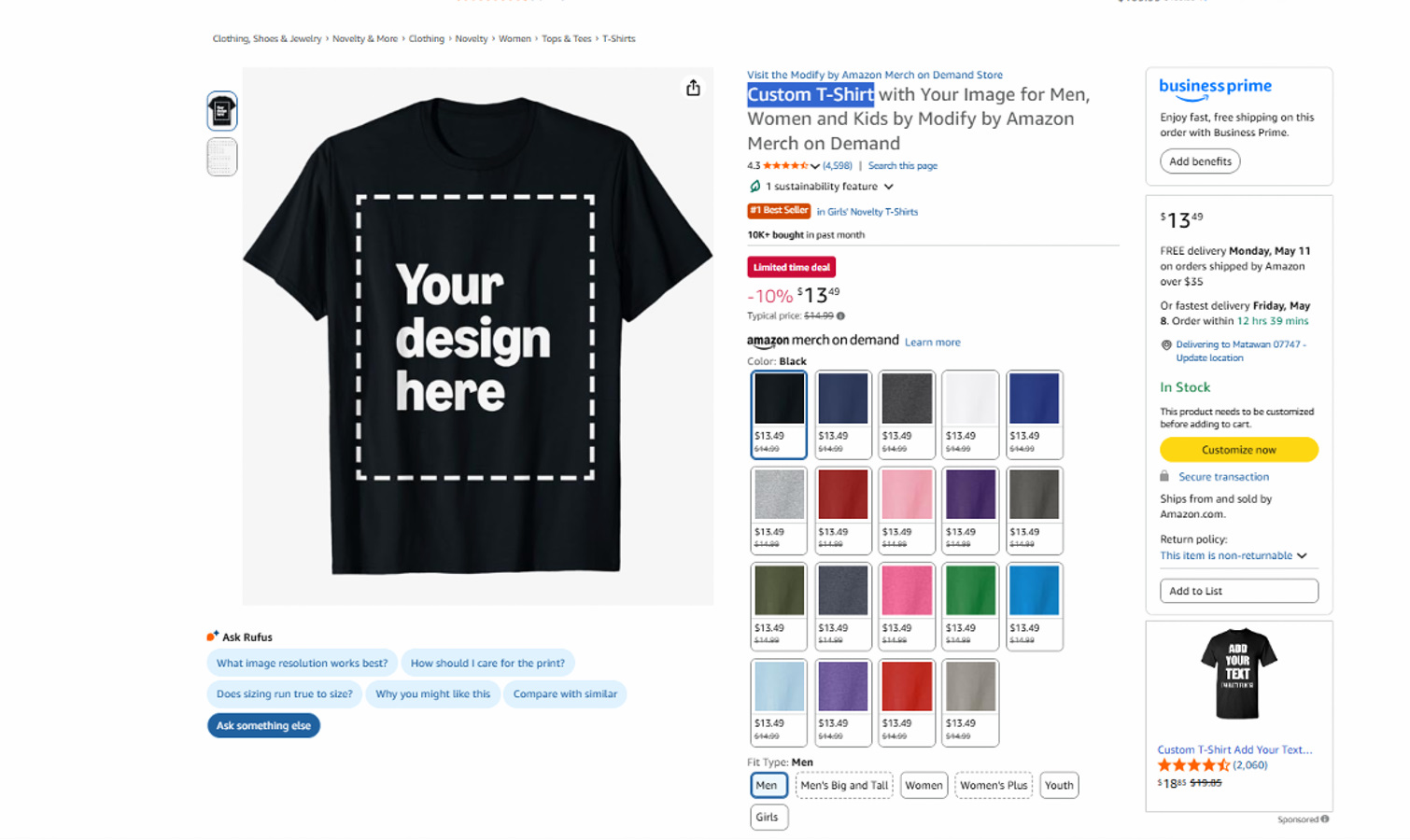Amazon Custom T-Shirt screenshot.