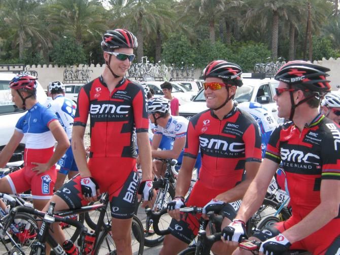 BMC riders chat on the start line.