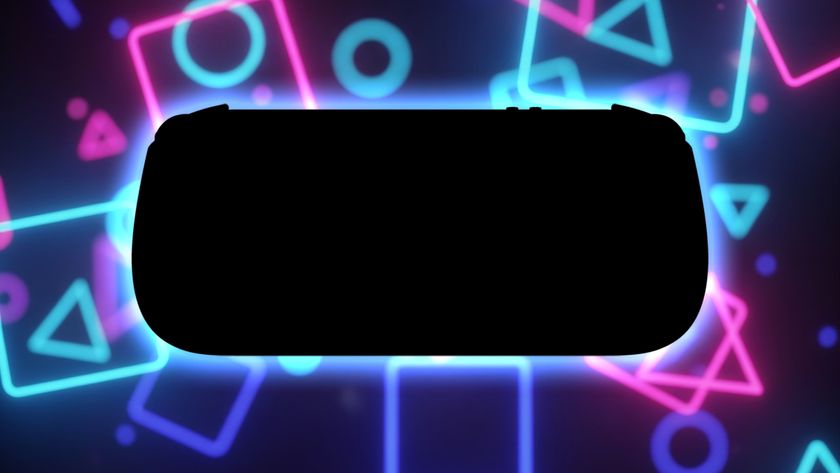 A handheld silhouette against a dark background with neon shapes. 