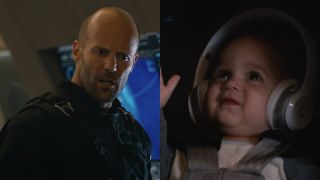 Side by side of Jason Statham and a baby in The Fate of the Furious