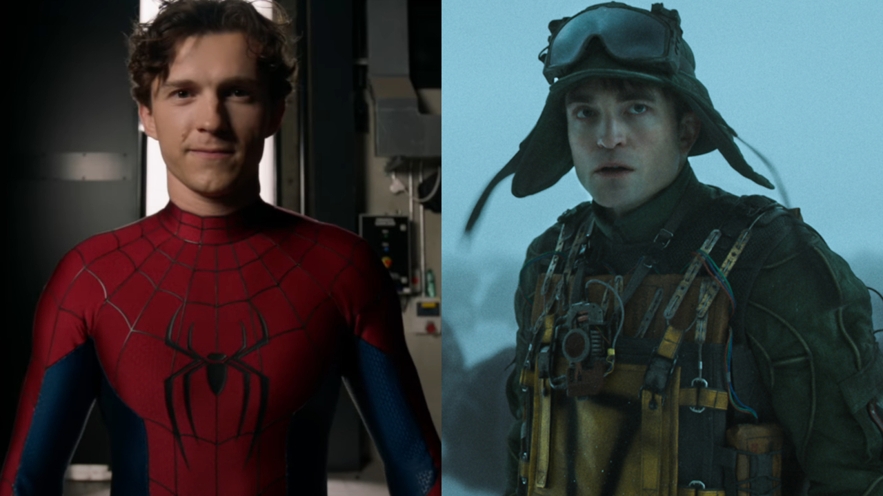 Tom Holland stands smiling in the Spider-Man: Brand New Day suit reveal, pictured next to a concerned Robert Pattinson in Mickey 17. 