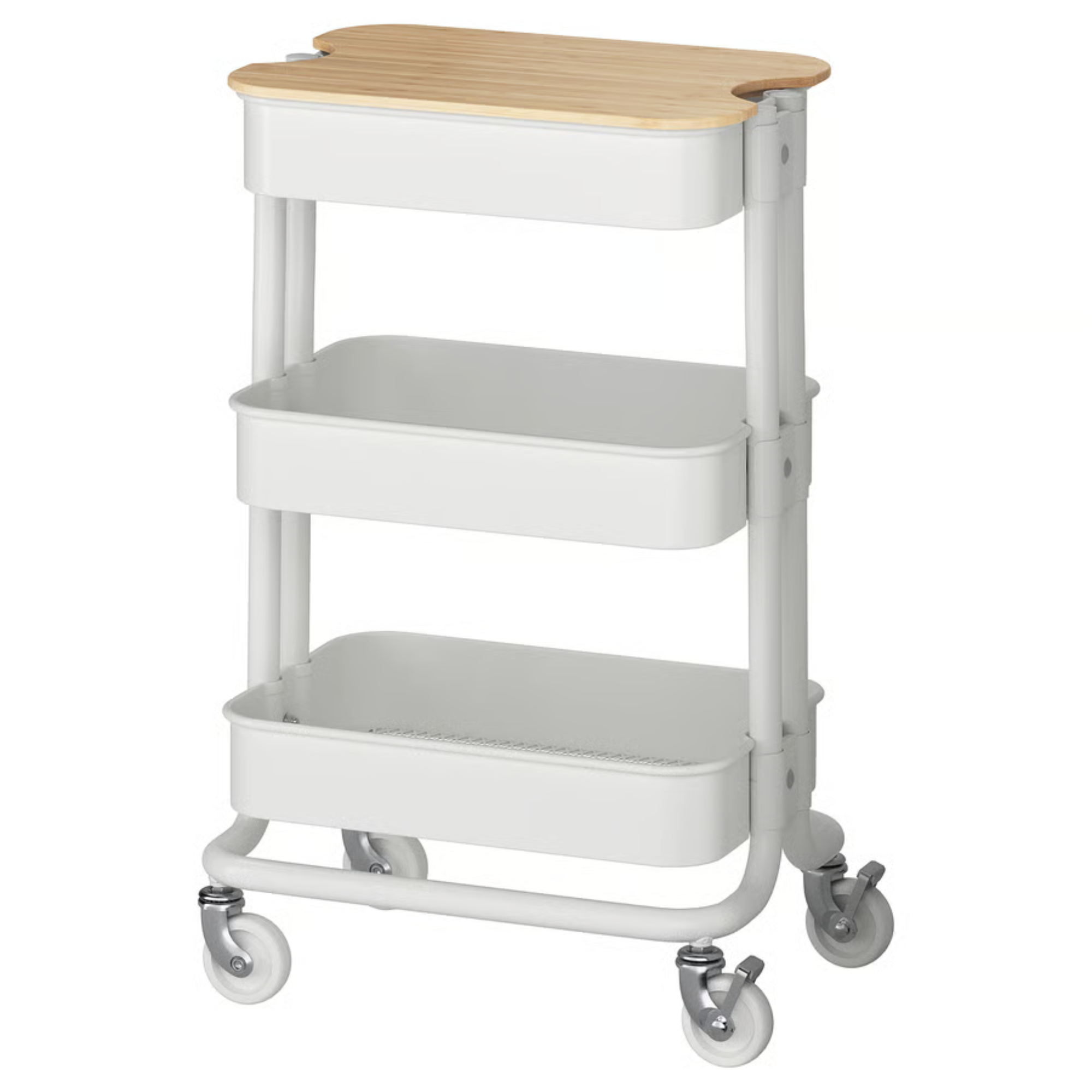 a white storage cart on wheels with a bamboo lid