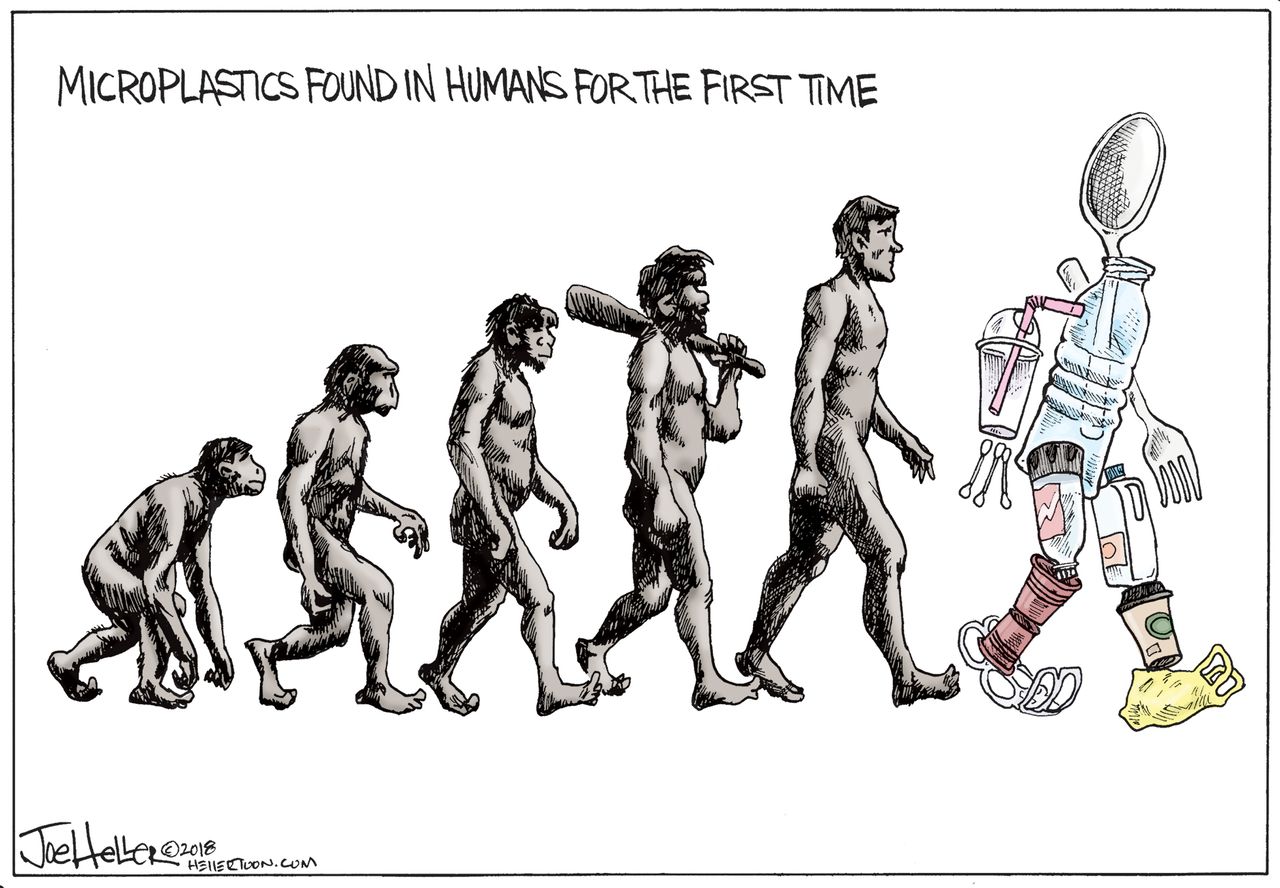 Editorial cartoon world environment pollution microplastics in humans evolution