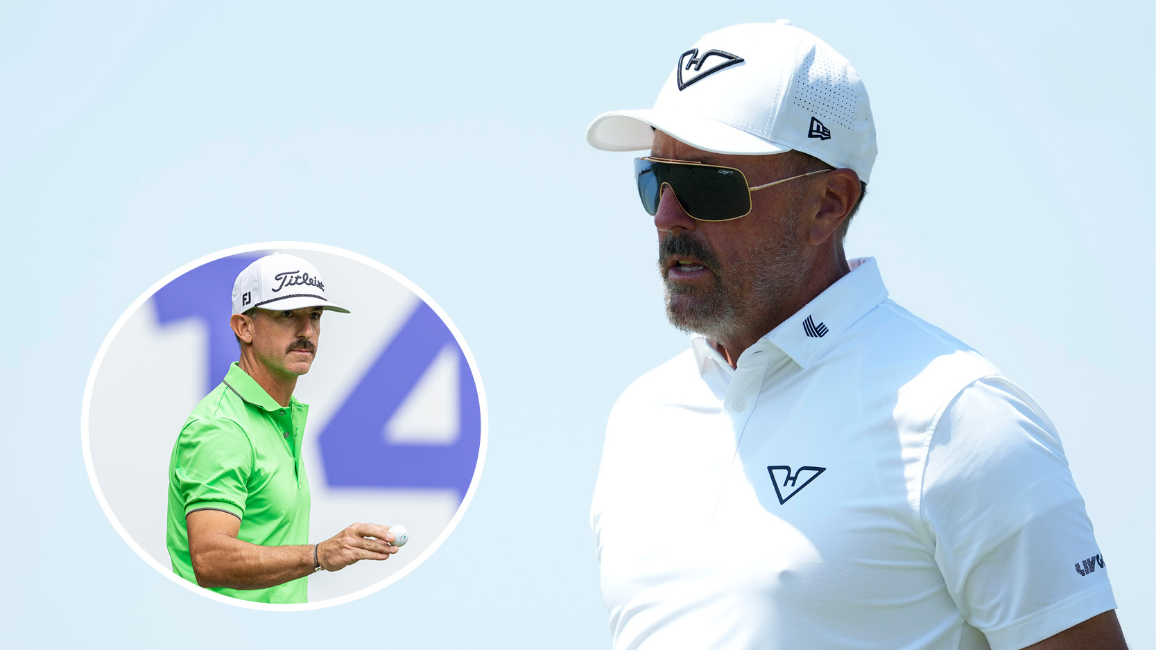 Phil Mickelson walks off the green, with Wade Ormsby waving to the crowd