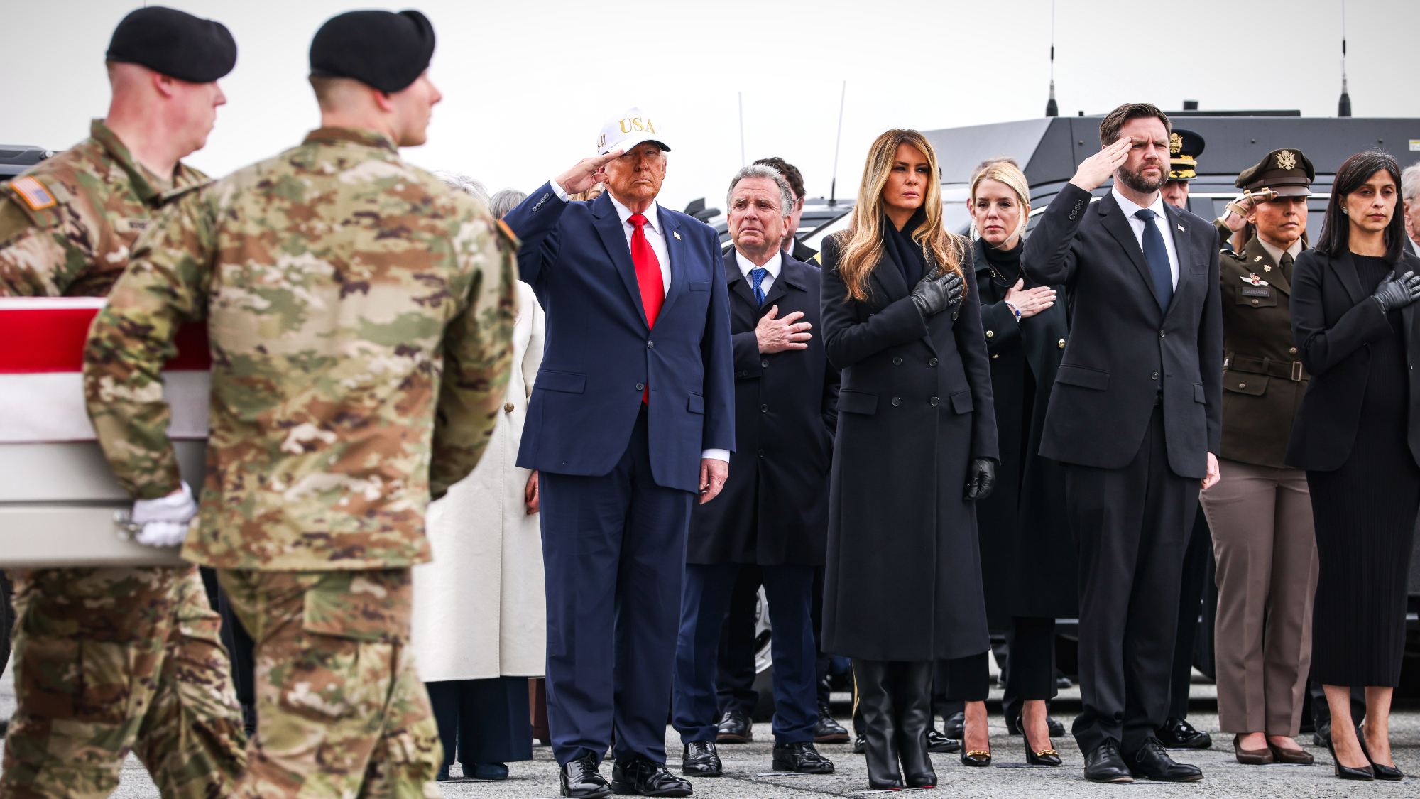 President Donald Trump and other top U.S. officials participate in dignified transfer of slain U.S. Maj. Jeffery R. O'Brien after his body arrived at Dover Air Base from Kuwait.