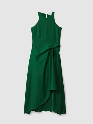 Reiss, Satin Drape Tuck Midi Dress in Green