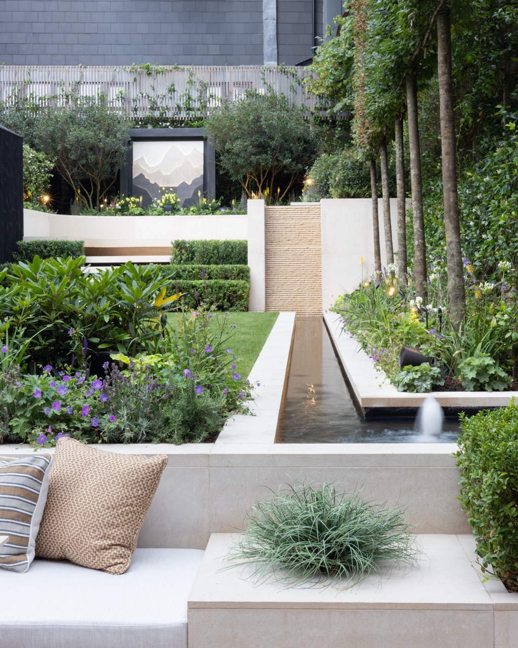 modern water features with outdoor seating