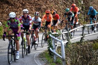 SAN DANIELE DEL FRIULI ITALY OCTOBER 20 Valerio Conti of Italy and UAE Team Emirates Kamil Malecki of Poland and CCC Team Enrico Battaglin of Italy and Team Bahrain Mclaren Breakaway during the 103rd Giro dItalia 2020 Stage 16 a 229km stage from Udine to San Daniele Del Friuli 249m girodiitalia Giro on October 20 2020 in San Daniele Del Friuli Italy Photo by Tim de WaeleGetty Images