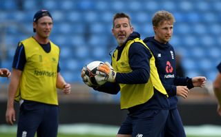 Former England goalkeeper Nigel Martyn plays in goal alongside Joe Root during a football game ahead of a nets session at Headingley on August 23, 2017 in Leeds, England.