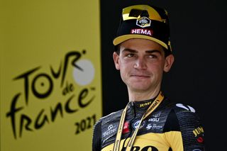 Team Jumbo Vismas Sepp Kuss of US celebrates on the podium at the end of the 15th stage of the 108th edition of the Tour de France cycling race 191 km between Ceret and AndorreLaVieille on July 11 2021 Photo by AnneChristine POUJOULAT AFP Photo by ANNECHRISTINE POUJOULATAFP via Getty Images