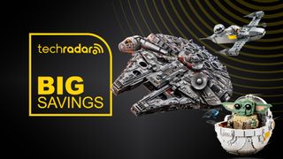 Lego Star Wars deals image with the Millennium Falcon, Grogu and N-1 Starfighter on black display