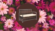 A rattan outdoor storage bench in a brown circle on a pink floral background