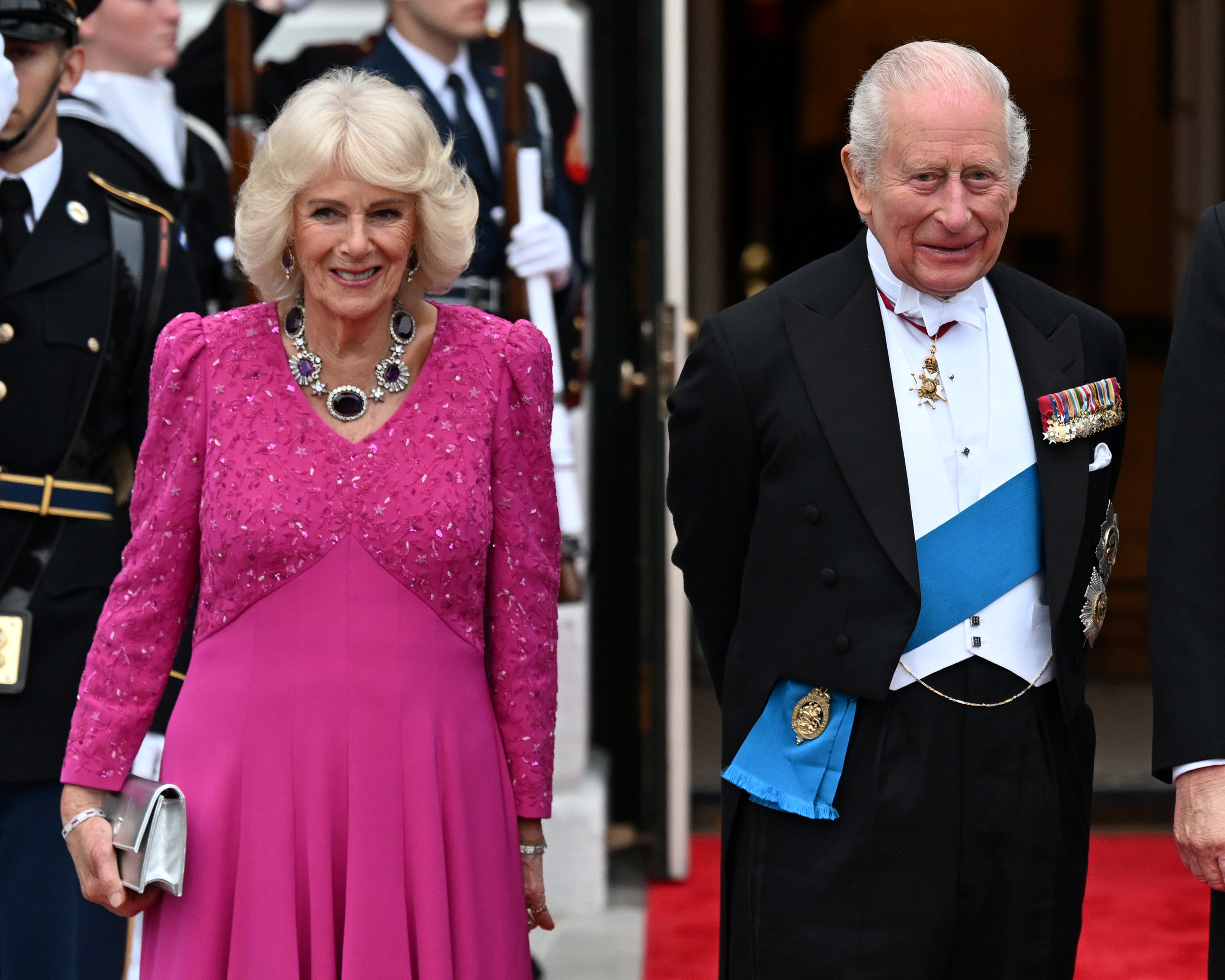 Queen Camilla and King Charles III pose outside during an official state dinner hosted by the President and First Lady at The White House on April 28, 2026. (Photo by Samir Hussein/WireImage)