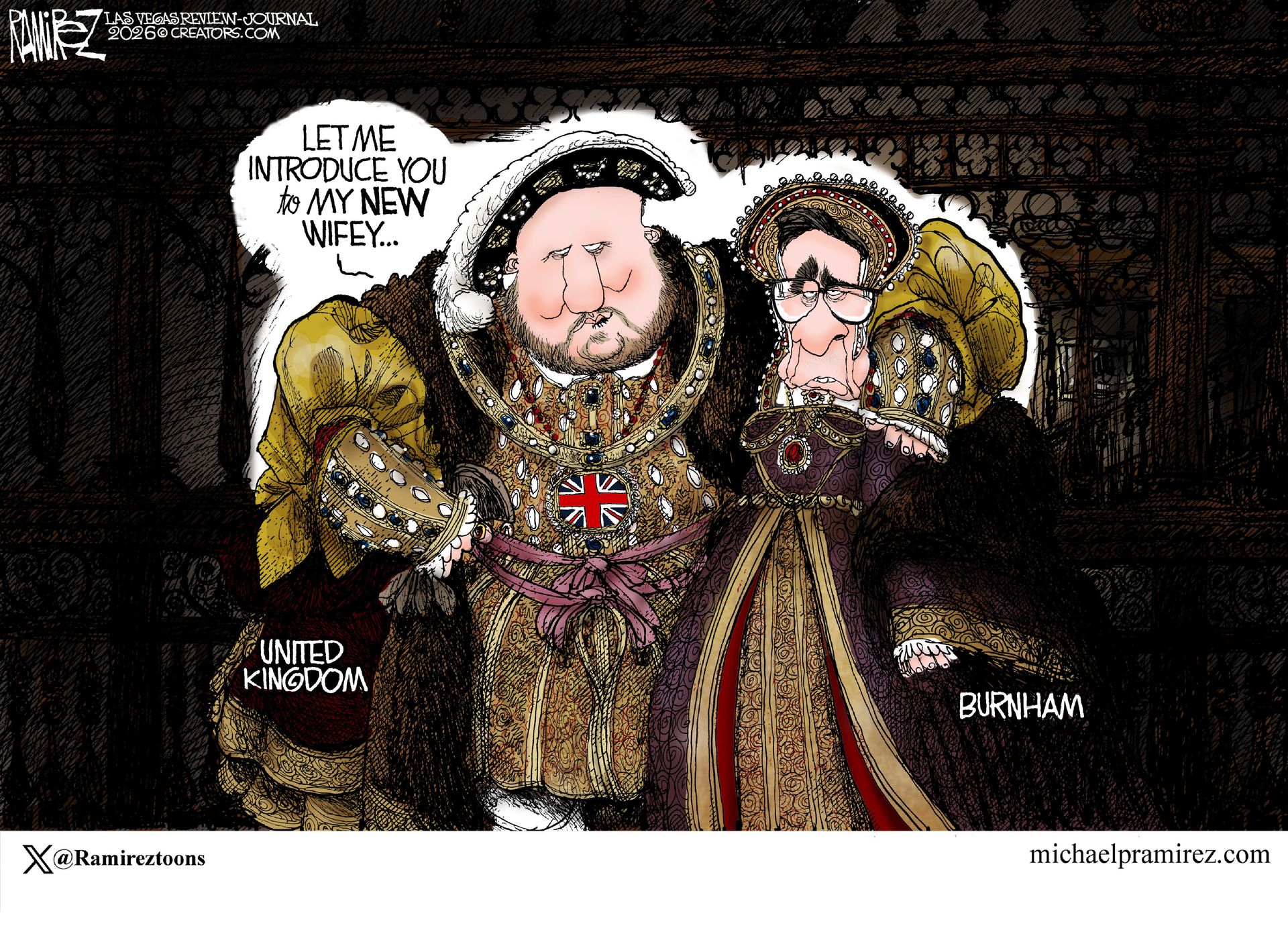 
                                This cartoon depicts King Henry VIII with his arms around Andy Burnham. The King says, “Let me introduce you to my NEW wifey.”
                            