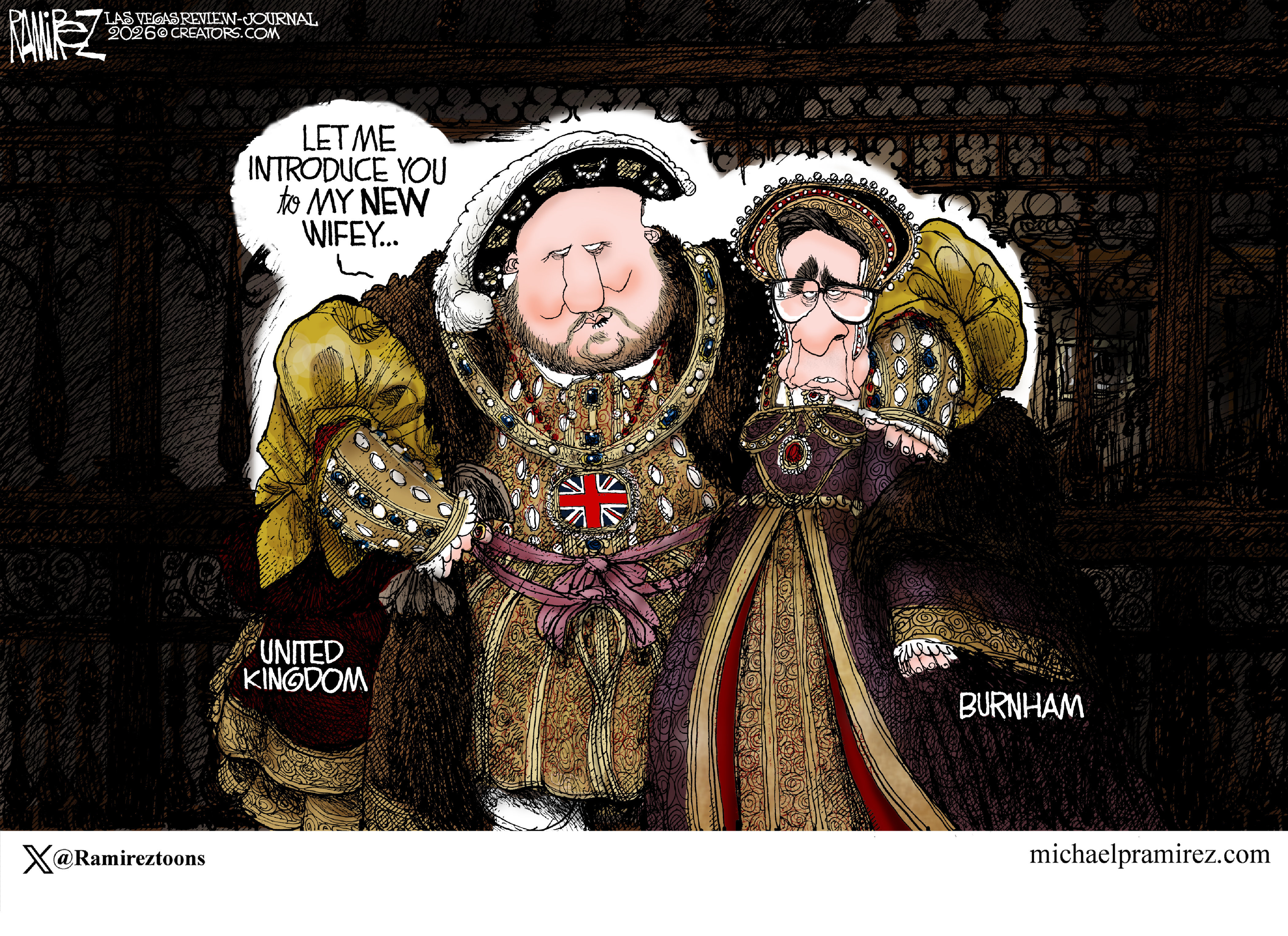 This cartoon depicts King Henry VIII with his arms around Andy Burnham. The King says, &amp;ldquo;Let me introduce you to my NEW wifey.&amp;rdquo;