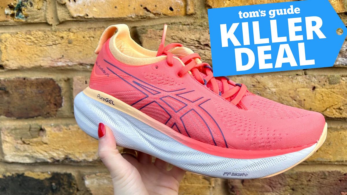 Asics Gel Nimbus 25 running shoe in pink with TG badge Killer Deal