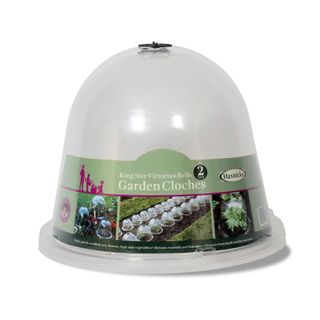 Clear garden cloche with black handle on the top and product label on the front