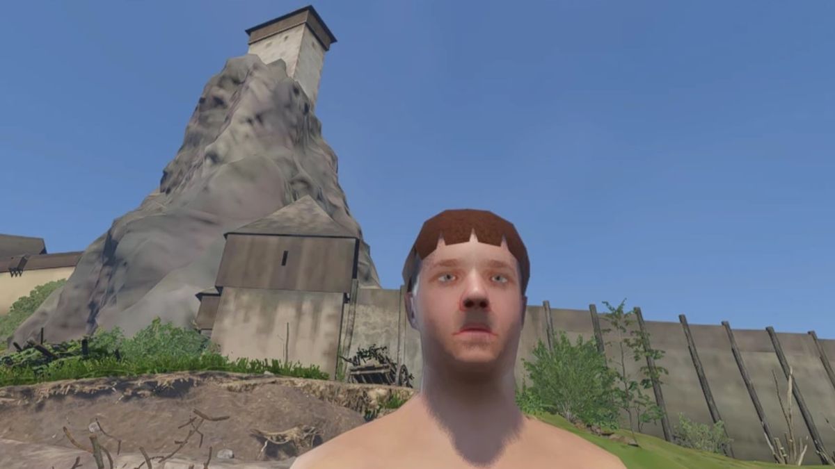 A screenshot of Kingdom Come: Deliverance 2 using the ultra low graphics mode mod, depicting a blocky NPC&#039;s head and shoulders, with a textureless castle wall in the background, and behind that a tower on a smudged rockey outcrop.