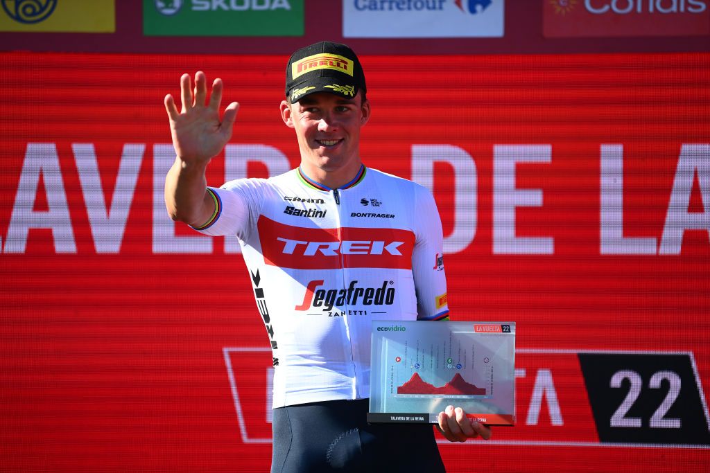 TALAVERA DE LA REINA SPAIN SEPTEMBER 09 Mads Pedersen of Denmark and Team Trek Segafredo celebrates at podium as stage winner during the 77th Tour of Spain 2022 Stage 19 a 1383km stage from Talavera de la Reina to Talavera de la Reina LaVuelta22 WorldTour on September 09 2022 in Talavera de la Reina Spain Photo by Tim de WaeleGetty Images