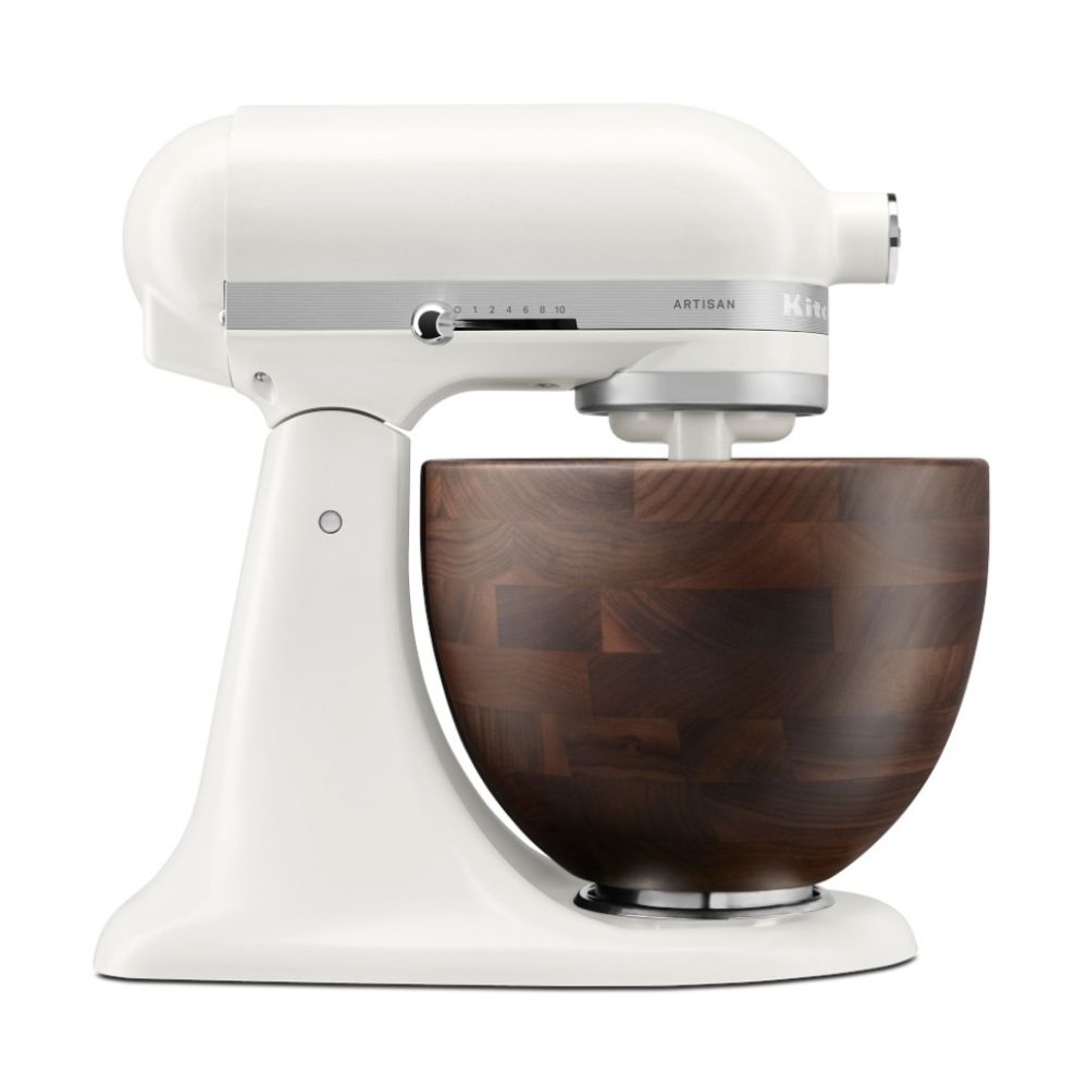 KitchenAid stand mixer in porcelain white with walnut wood bowl