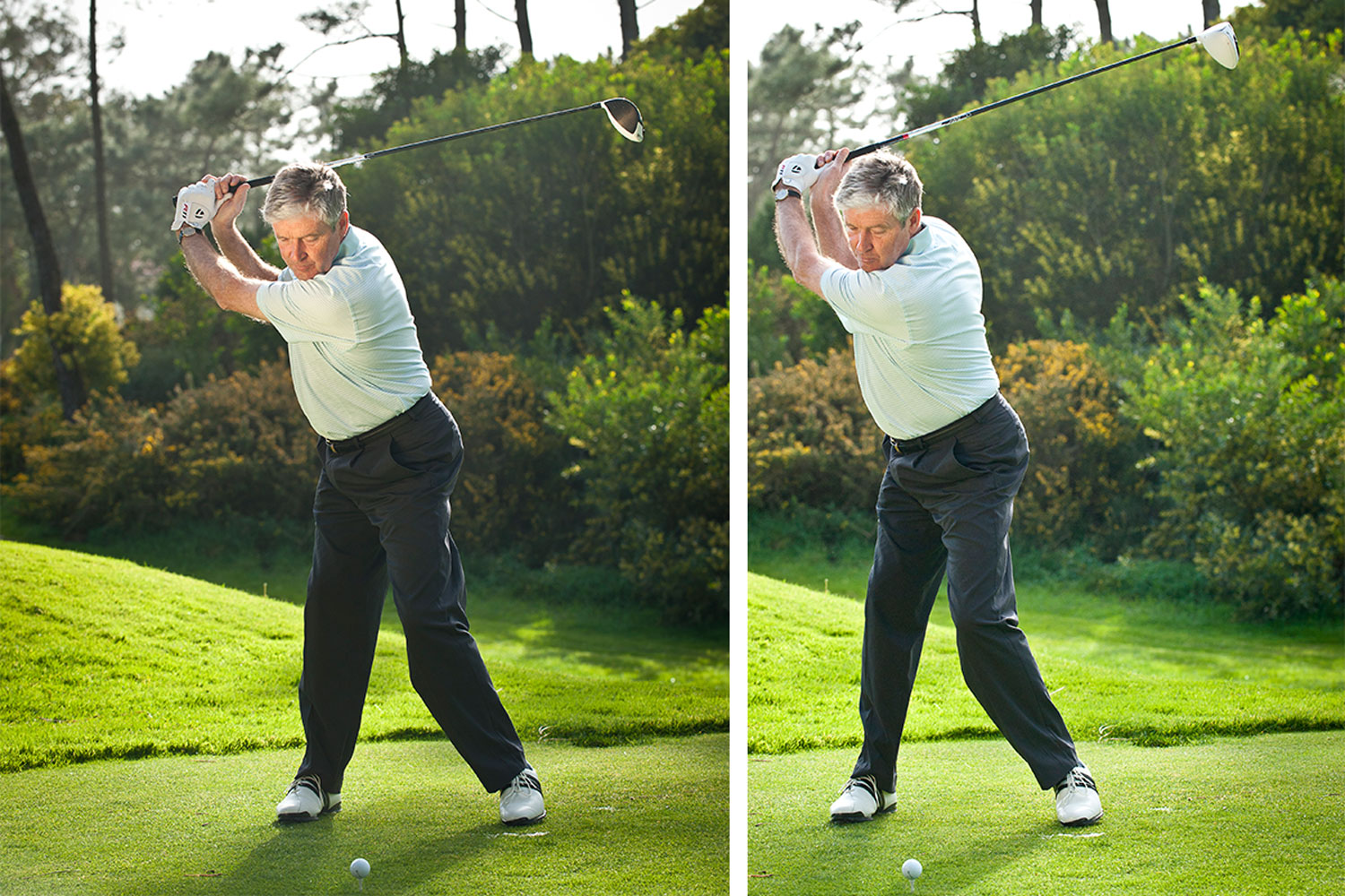 Two images of Andrew Reynolds side-by-side, on the left his lead wrist is in the incorrect position at the top of the backswing leading to a slice, on the right his lead wrist is in a stronger position promoting a straighter ball flight