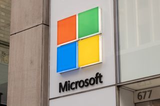 Microsoft logo and branding pictured on a shopfront in New York City