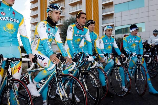 Contador lines up for a photo op before the team's training ride.