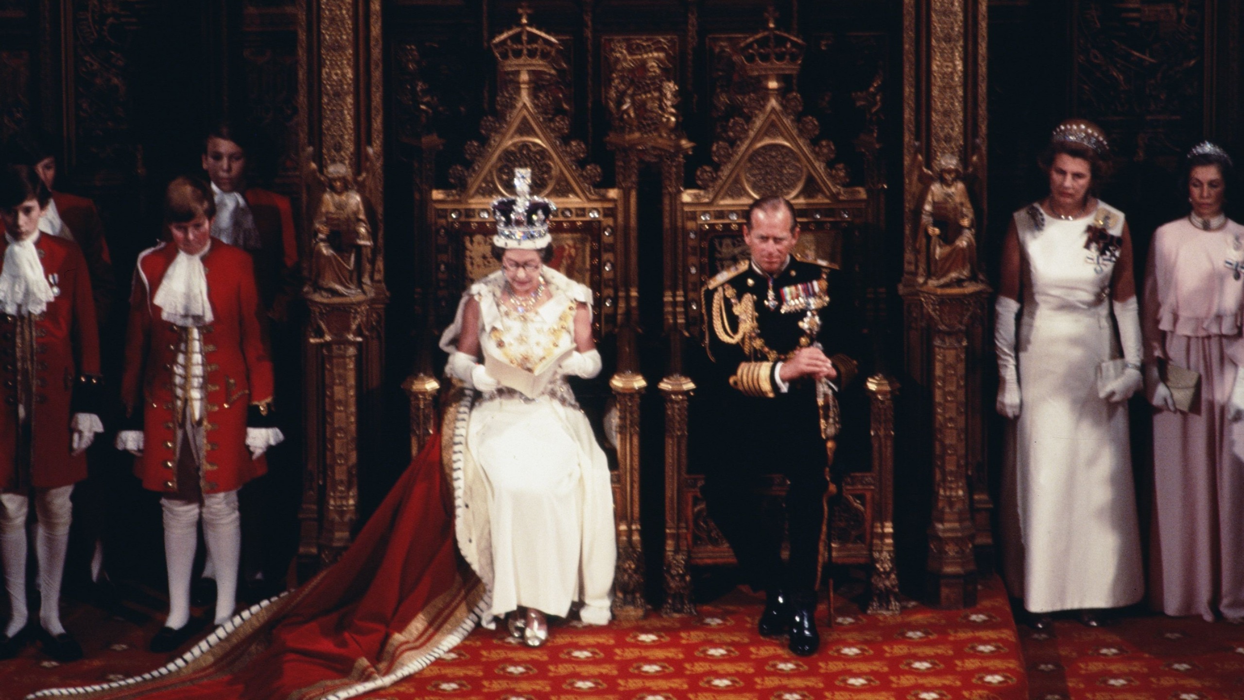 Queen Elizabeth II with Prince Philip at the State Opening of British Parliament in 1977