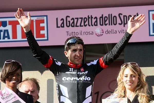 Carlos Sastre (Cervelo Test Team) on the podium.