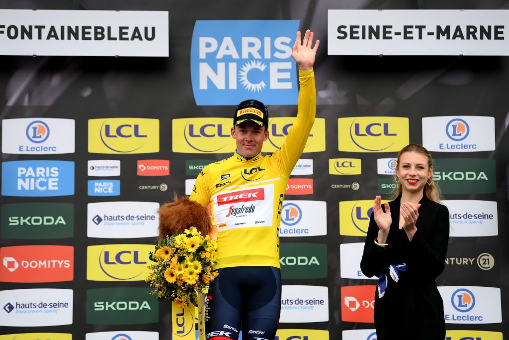 FONTAINEBLEAU FRANCE MARCH 06 Mads Pedersen of Denmark and Team TrekSegafredo celebrates at podium as Yellow Leader Jersey winner during the 81st Paris Nice 2023 Stage 2 a 1637km stage from Bazainville to Fontainebleau ParisNice on March 06 2023 in Fontainebleau France Photo by Alex BroadwayGetty Images