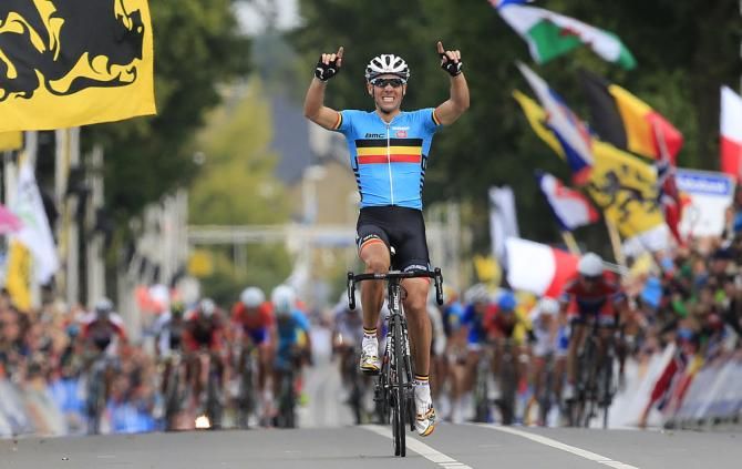 2011 Worlds: Philippe Gilbert (Belgium) celebrates the first world championship of his career