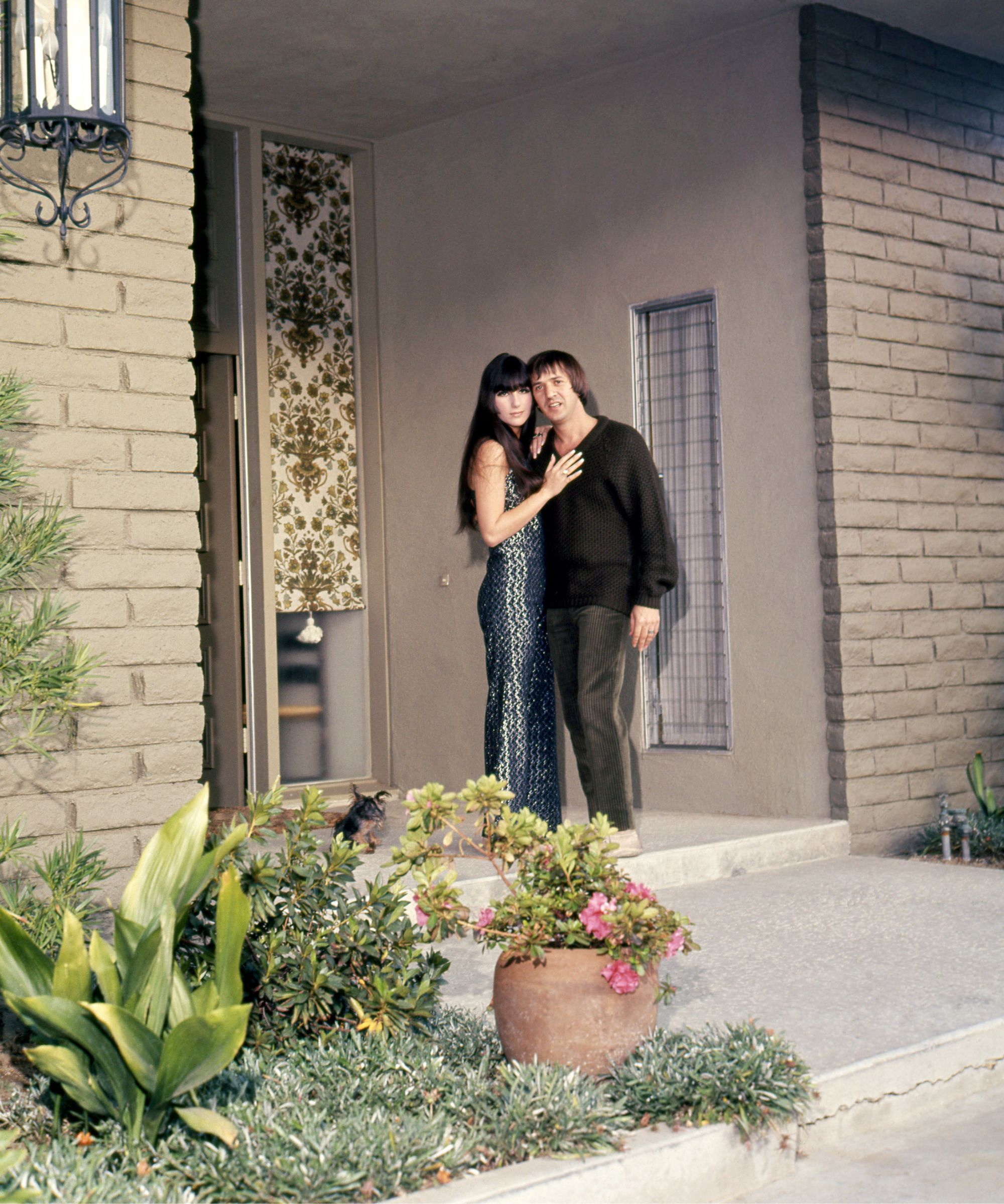 cher and sonny bono on their '70s porch