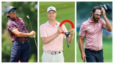 Rickie Fowler holding his club after hitting a shot at the 2025 Rocket Classic, Cam Davis holding the 2024 Rocket Classic trophy after winning and Max Home looking anxious scratching his head holding his cap at the 2025 Rocket Classic
