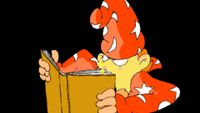 Rincewind the wizard reads a magical book suspiciously