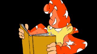 Rincewind the wizard reads a magical book suspiciously