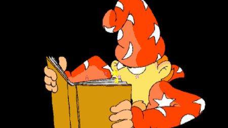 Rincewind the wizard reads a magical book suspiciously