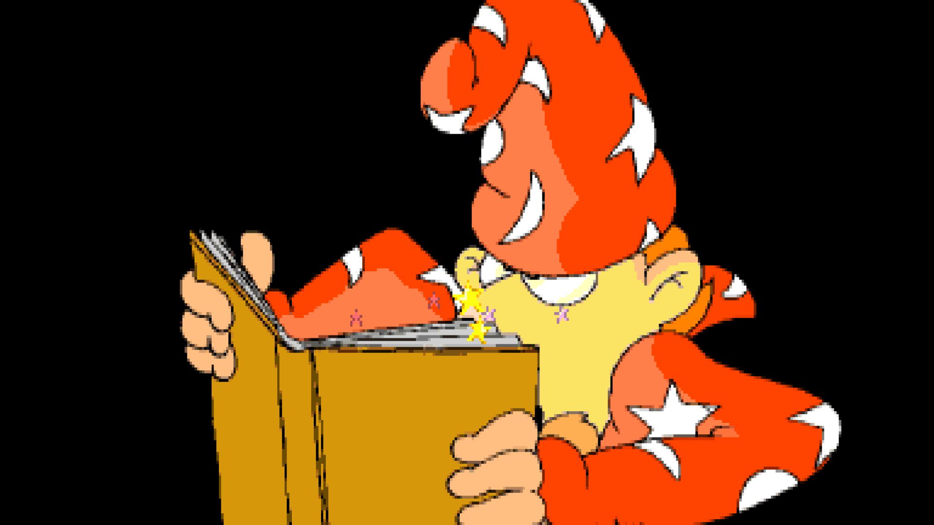 Rincewind the wizard reads a magical book suspiciously