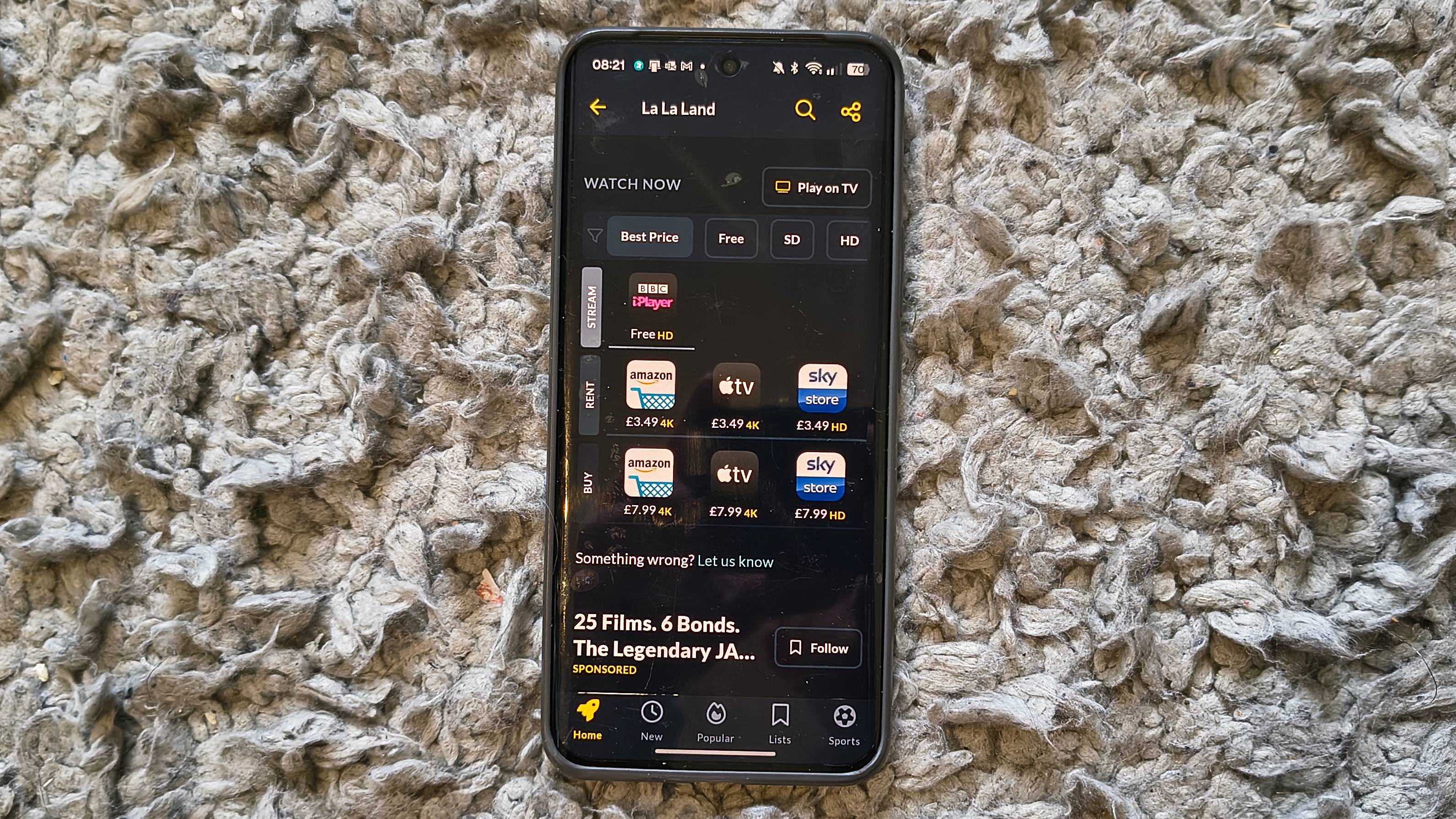 The JustWatch app on an Android phone